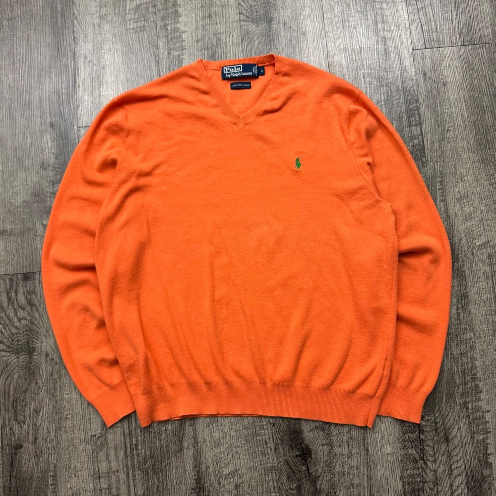 Vintage Polo Ralph Lauren V-Neck Sweater Orange Preppy Pima Cotton L